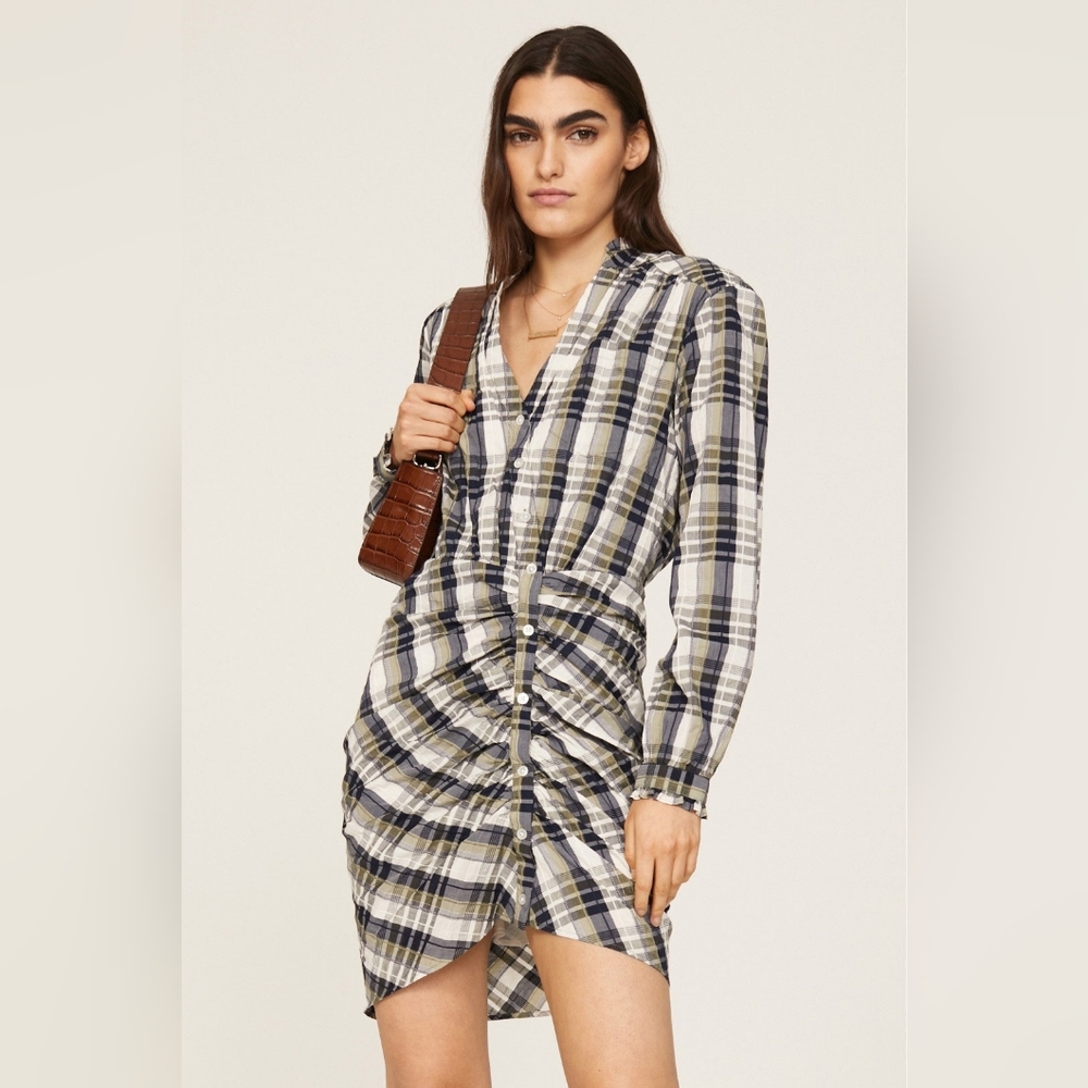 Veronica Beard Vilette Plaid Button-Front Ruched Mini Dress